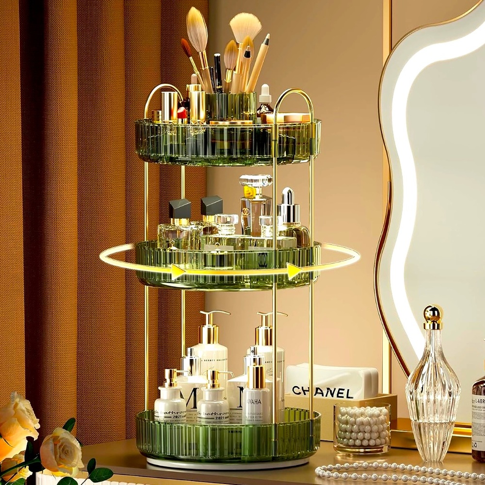 Rotating Makeup Organizer Countertop Spinning 360 (Vintage Green, 3Tiers)